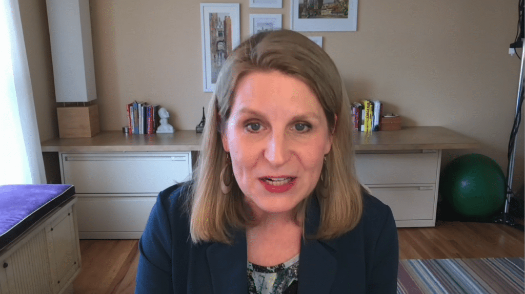 Liz Shuler speaking remotely during IATSE 2020 convention